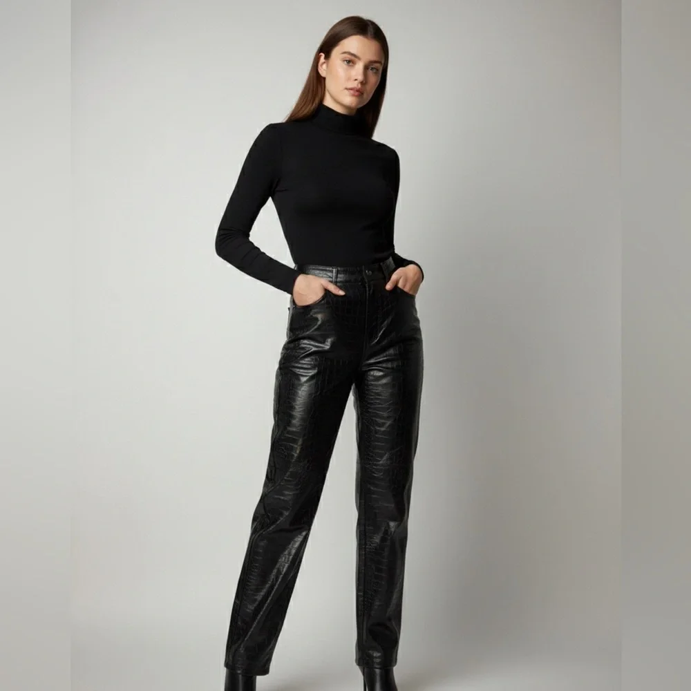 A. New. Day Black Faux Leather Stretch Women's High Rise pants 6